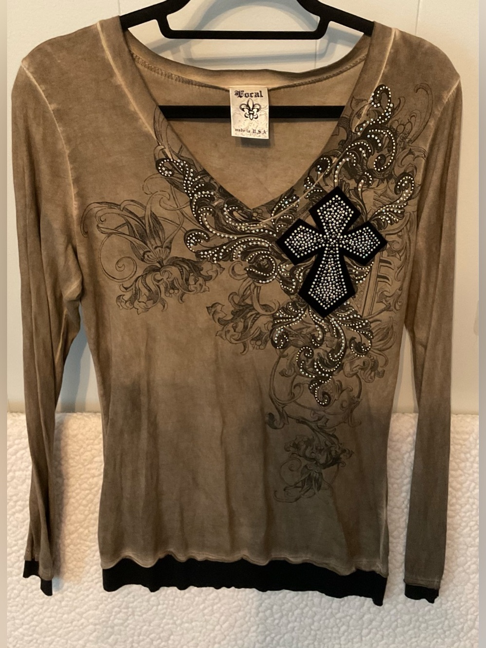 Vocal Taupe Long Sleeve V-Neck Embellished Cross Top